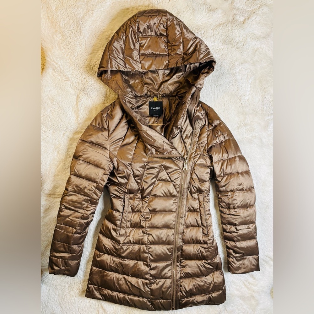 Bebe Long Hooded Gold Puffer Coat Jacket Parka Size: Small